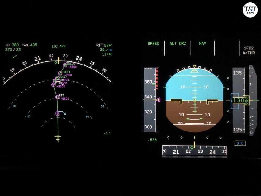 Навигационный и пилотажный дисплеи A320 со скоростями GS, TAS и приборной