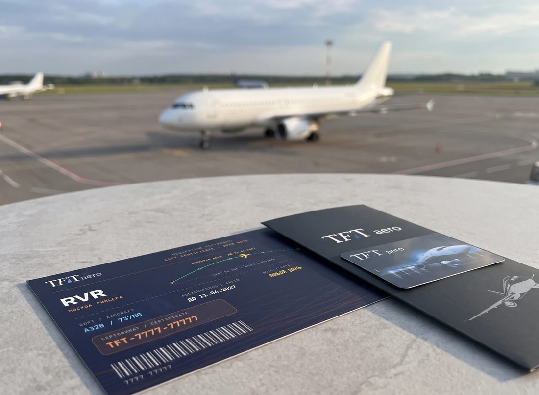 Подарочный сертификат TFT.aero и подарочная карта в конверте на столе у перрона аэропорта