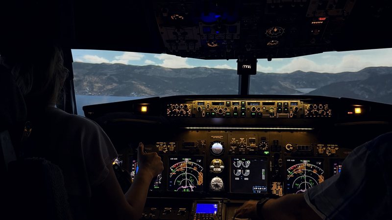 Руки на штурвале авиатренажёра Boeing 737 NG